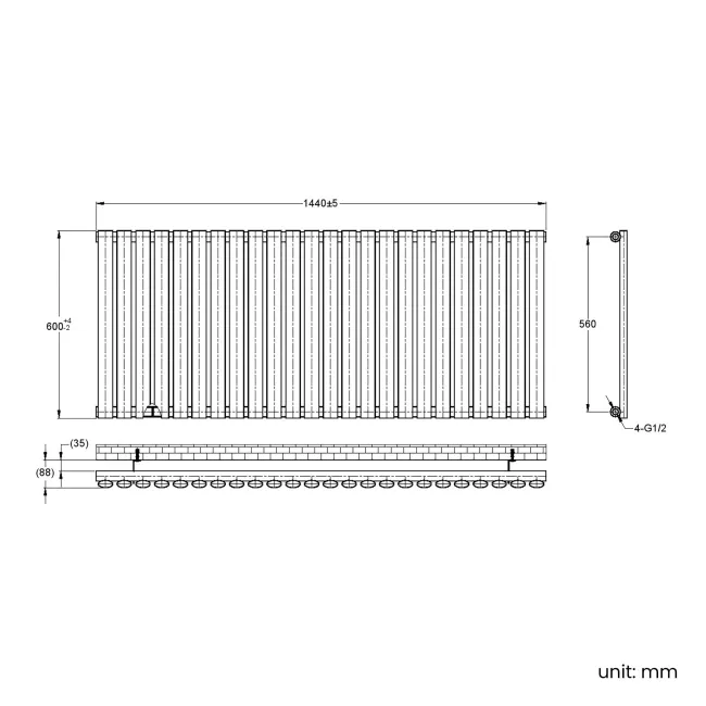 Marbella Matt Black Single Oval Panel Radiator 600x1440mm
