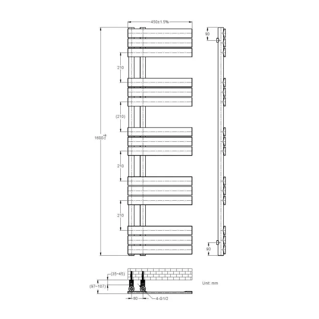 Seville Matt Black Designer Flat Panel Heated Towel Rail 1600x450mm