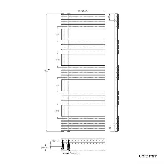 Seville Matt Black Designer Flat Panel Heated Towel Rail 1600x600mm