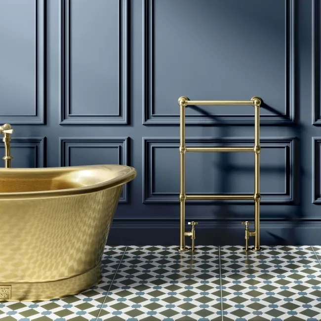 Gibraltar Floor Standing Traditional Brushed Brass Heated Towel Rail 915x535mm