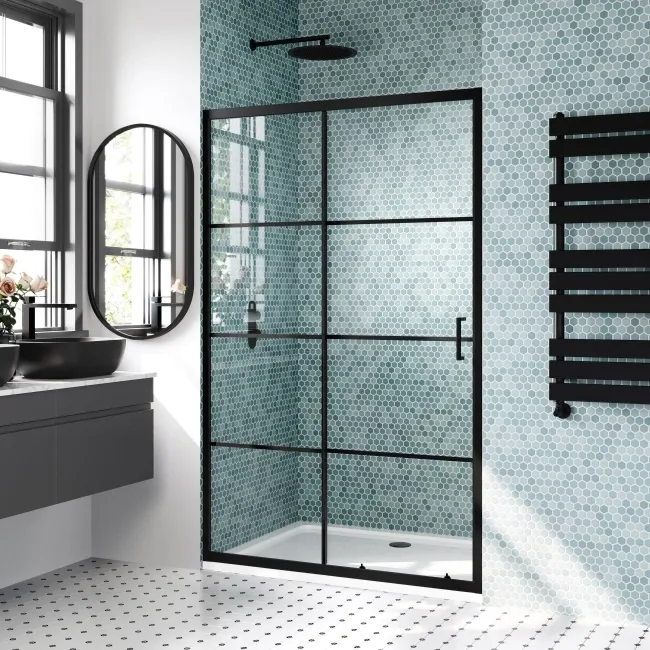 London Matt Black Grid 6mm Sliding Shower Door 1200mm