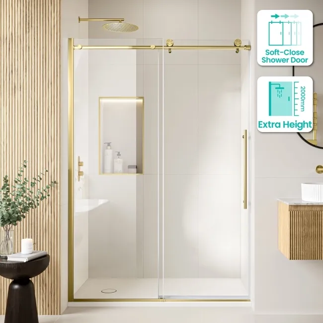 Prague Brushed Brass 8mm Soft-Closing Sliding Shower Door 1400mm