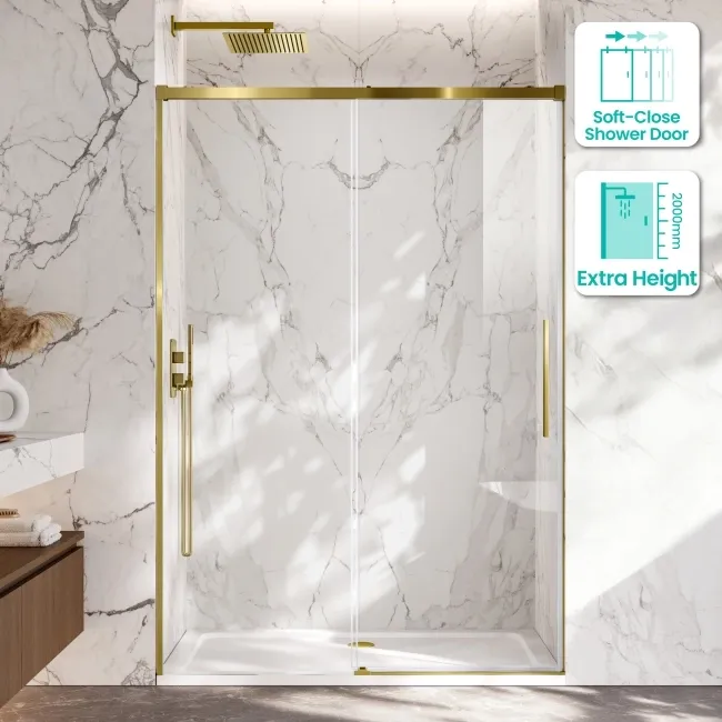 Lisbon Brushed Brass 8mm Soft-Closing Sliding Shower Door 1400mm