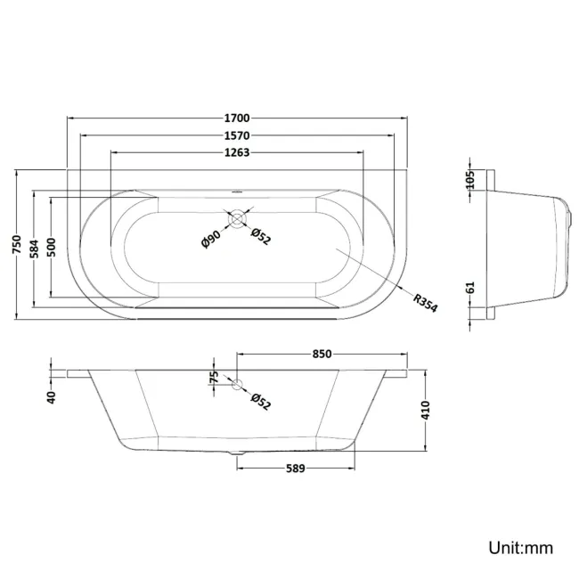 Stafford Essential 1700mm Back To Wall Bath ( Excludes Bath Panel)