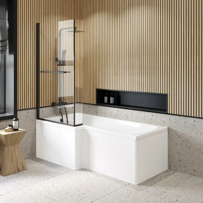 6mm L Shaped Easy Clean Bath Screen with Towel Rail - Matt Black