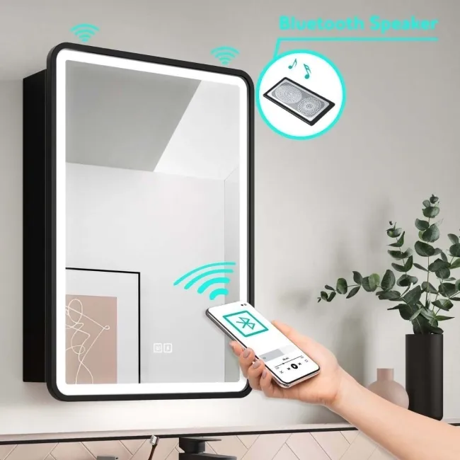 Olivia Black Framed Illuminated LED Mirror Cabinet With BLUETOOTH Speaker 710x500mm