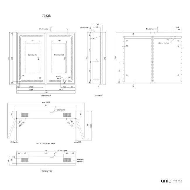 Mia Black Framed Illuminated LED Mirror Cabinet With BLUETOOTH Speaker&USB Port 710x800mm
