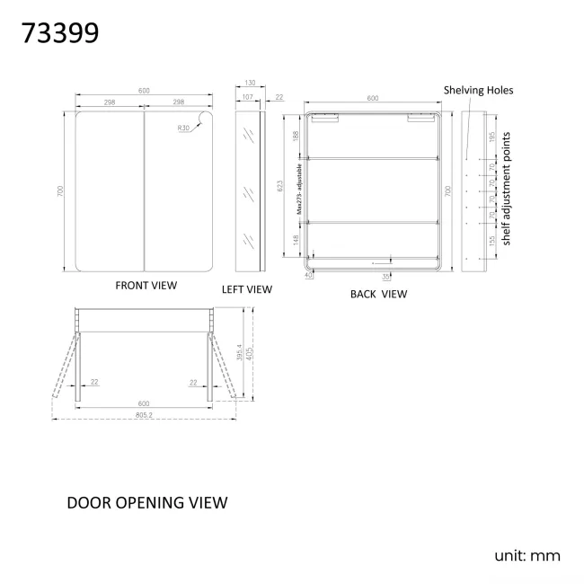 Aurora Matt Black Mirror Cabinet 700x600mm