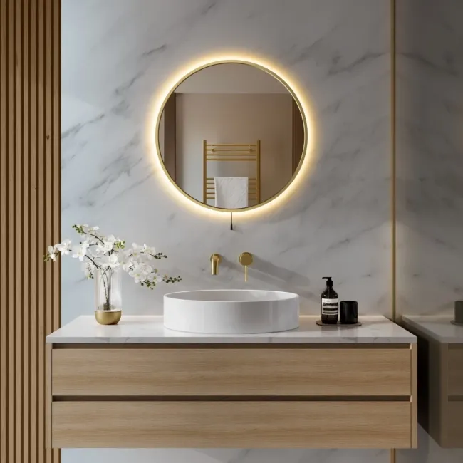 Delilah Battery Operated Brushed Brass Round Backlit LED Mirror 600mm