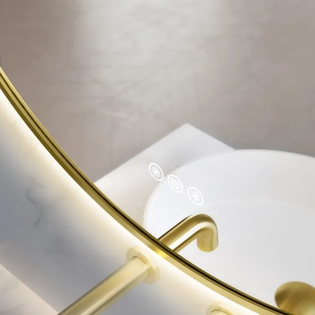 Delilah Brushed Brass Round Backlit LED Mirror With BLUETOOTH Speaker 600mm