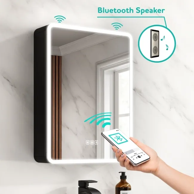 Aurora Matt Black Illuminated LED Mirror Cabinet With BLUETOOTH Speaker 700x500mm