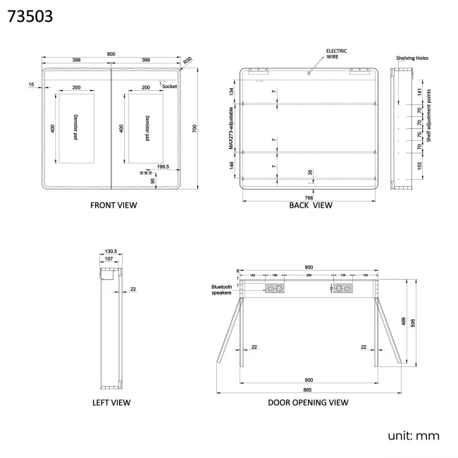 Aurora Matt Black Illuminated LED Mirror Cabinet With BLUETOOTH Speaker 700x800mm