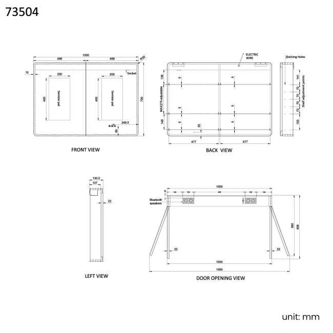 Aurora Matt Black Illuminated LED Mirror Cabinet With BLUETOOTH Speaker 700x1000mm
