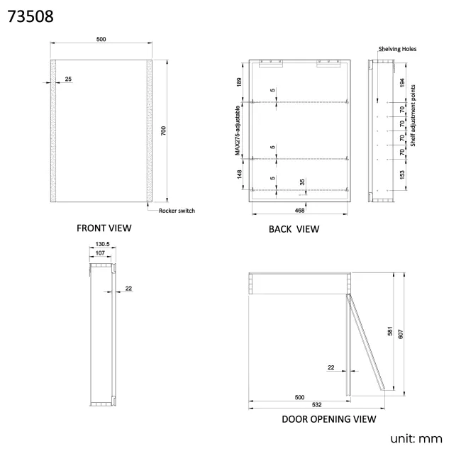 Selma Battery Operated Matt Black Illuminated LED Mirror Cabinet 700x500mm
