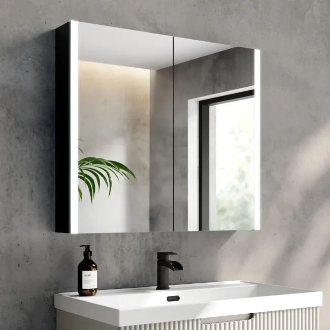 Selma Battery Operated Matt Black Illuminated LED Mirror Cabinet 700x800mm