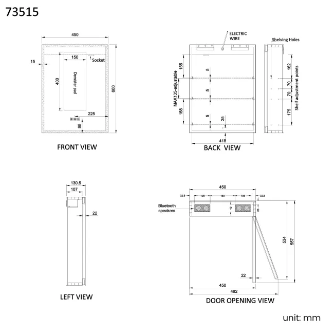 Esme Matt Black Illuminated LED Mirror Cabinet With BLUETOOTH Speaker 600x450mm