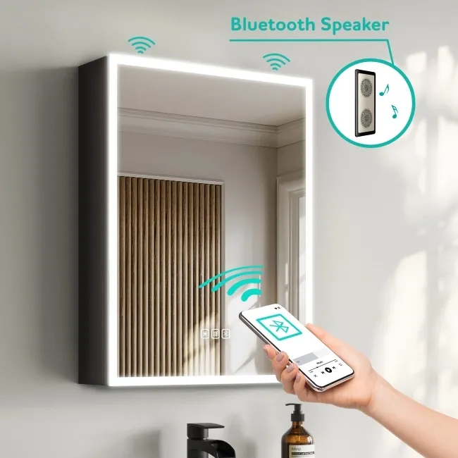 Esme Matt Black Illuminated LED Mirror Cabinet With BLUETOOTH Speaker 700x500mm