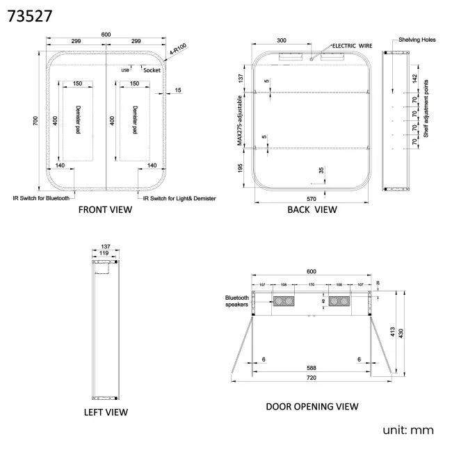 Willow Illuminated LED Mirror Cabinet With BLUETOOTH Speaker & USB Port 700x600mm