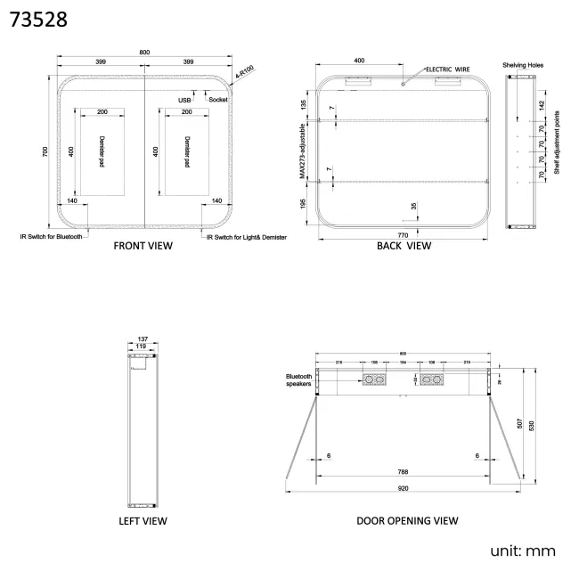 Willow Illuminated LED Mirror Cabinet With BLUETOOTH Speaker & USB Port 700x800mm