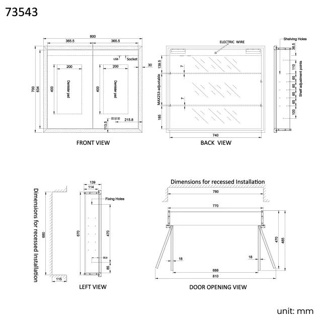 Ivy Recessed LED Mirror Cabinet 700x800mm