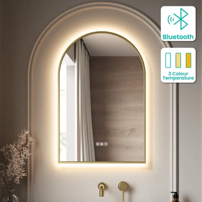 Maya Brushed Brass Arched Backlit Illuminated LED Mirror With BLUETOOTH Speaker 750x500mm