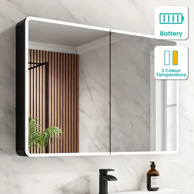 Aurora Battery Operated Matt Black Illuminated LED Mirror Cabinet 700x1000mm