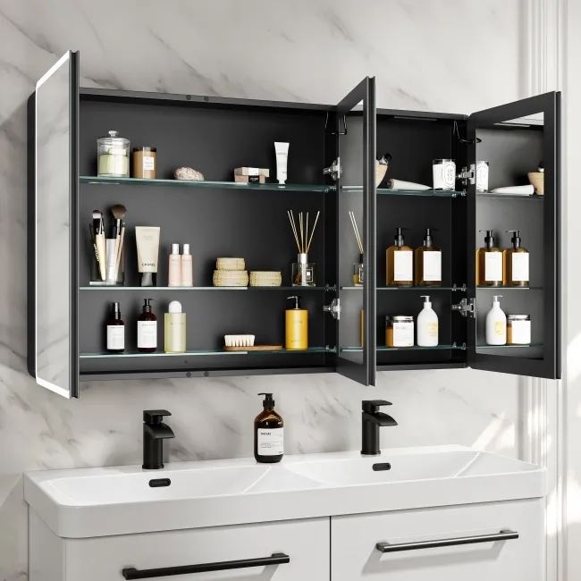 Aurora Battery Operated Matt Black Illuminated LED Mirror Cabinet 700x1200mm