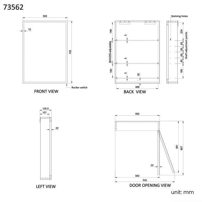 Esme Battery Operated Matt Black Illuminated LED Mirror Cabinet 700x500mm