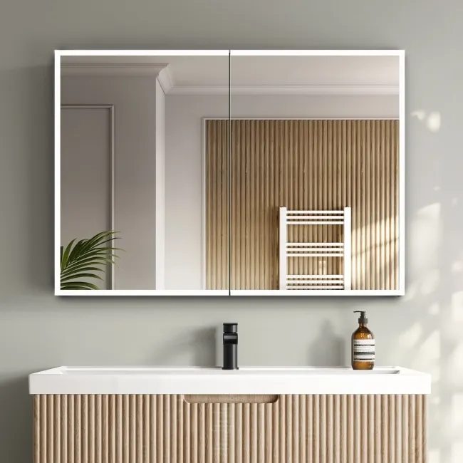 Esme Battery Operated Matt Black Illuminated LED Mirror Cabinet 700x1000mm