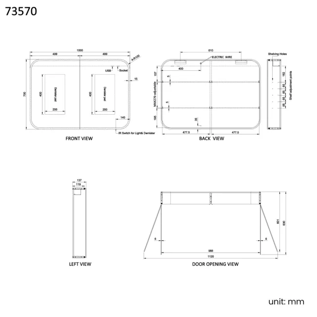 Willow Brushed Brass Illuminated LED Mirror Cabinet 700x1000mm