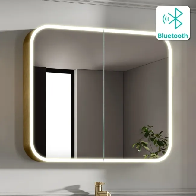 Willow Brushed Brass Illuminated LED Mirror Cabinet With BLUETOOTH Speaker & USB Port 700x800mm