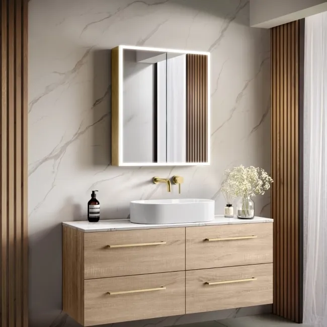 Margot Brushed Brass Illuminated LED Mirror Cabinet With BLUETOOTH Speaker & USB Port 700x600mm