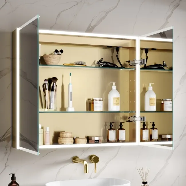 Margot Brushed Brass Illuminated LED Mirror Cabinet With BLUETOOTH Speaker & USB Port 700x800mm
