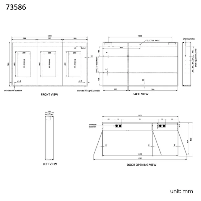 Margot Brushed Brass Illuminated LED Mirror Cabinet With BLUETOOTH Speaker & USB Port 700x1200mm
