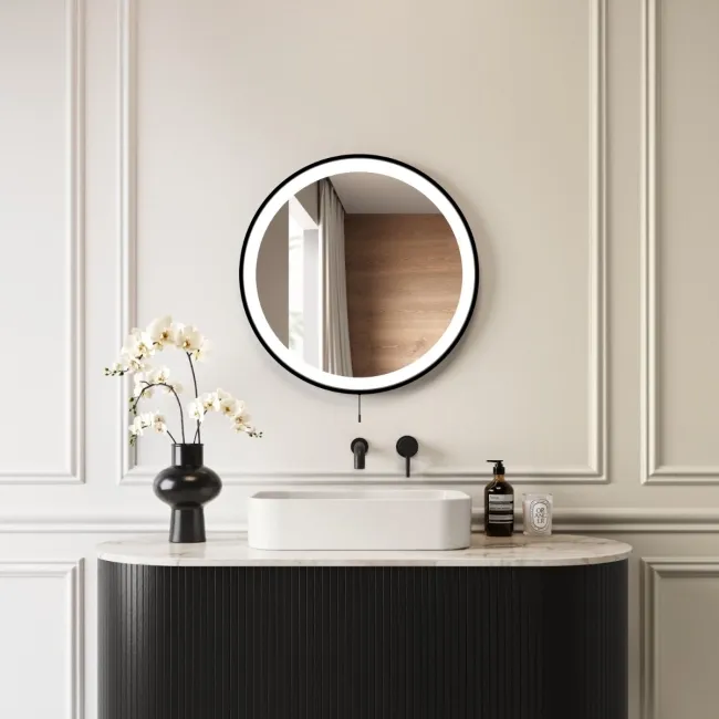 Delilah Battery Operated Black Framed Round Illuminated LED Mirror 600mm