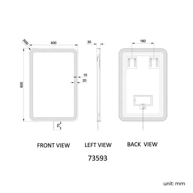 Mila Battery Operated Black Framed Illuminated LED Mirror 600x400mm