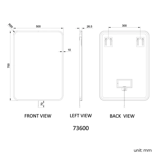 Mila Battery Operated Brushed Brass Backlit Illuminated LED Mirror 700x500mm