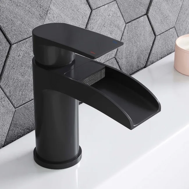 Eden Matt Black Waterfall Basin & Shower Bath Mixer Tap Set
