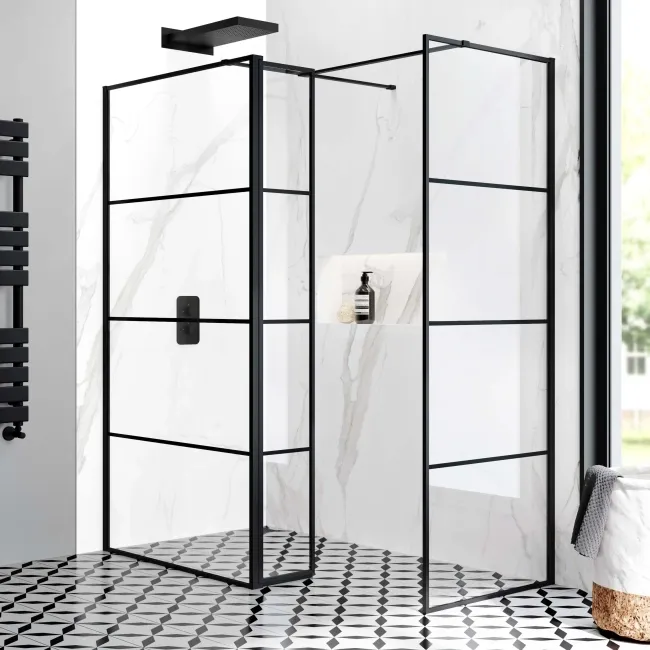 Munich Matt Black Grid 8mm Walk In Shower Enclosure 1000mm & 700mm Glass with Pivotal Return Panel