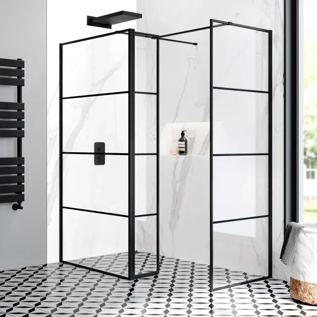 Munich Matt Black Grid 8mm Walk In Shower Enclosure 1100mm & 800mm Glass with Pivotal Return Panel