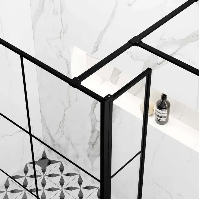 Munich Matt Black Grid 8mm Walk In Shower Enclosure 1100mm & 900mm Glass with Pivotal Return Panel