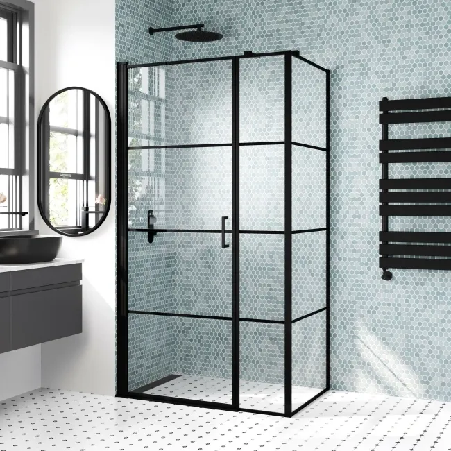 Toulon Matt Black Grid Easy Clean 6mm Pivot Shower Enclosure 1000x700mm