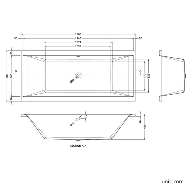 Durham 1800x800 Square Double Ended Bath