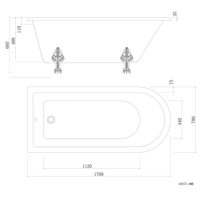 Abingdon 1700 Roll Top Shower Bath - Black Claw Feet & 6mm Easy Clean Matt Black Framed Screen
