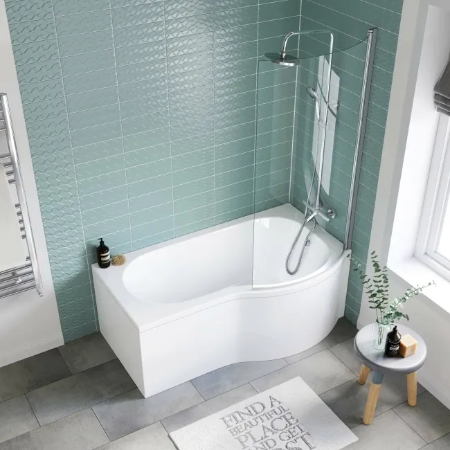 P Shaped 1500 Shower Bath with Front Panel & 4mm Screen - Right Handed