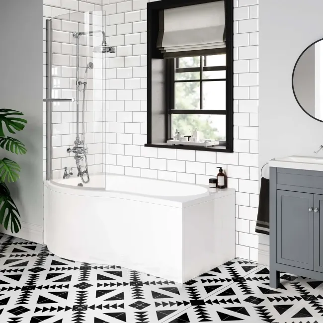 P Shaped 1500 Shower Bath with Front Panel & 6mm Easy Clean Screen with Rail - Left Handed