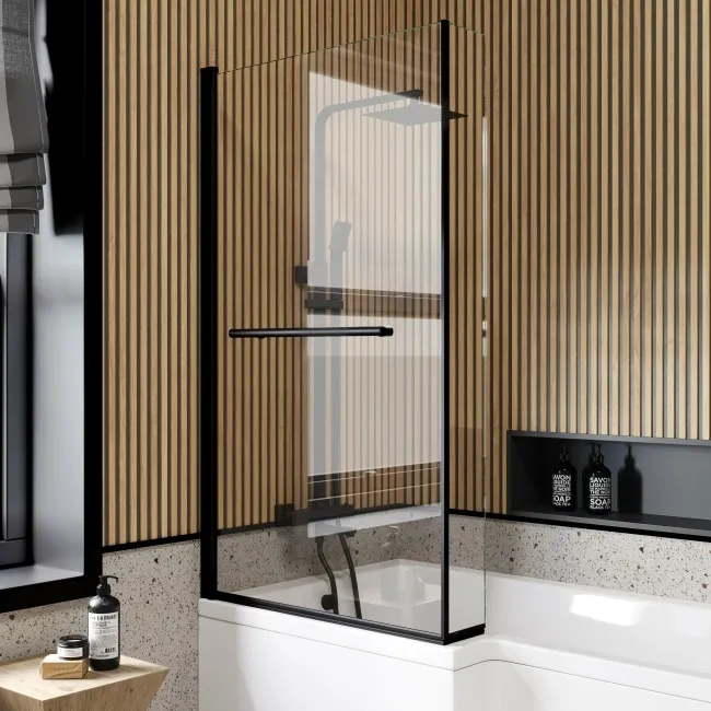 L Shaped 1600 Shower Bath & 6mm Matt Black Easy Clean Screen with Rail - Left Handed