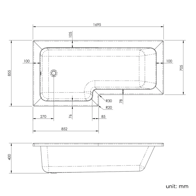 L Shaped 1700 Shower Bath & 4mm Fixed Screen with Rail - Left Handed