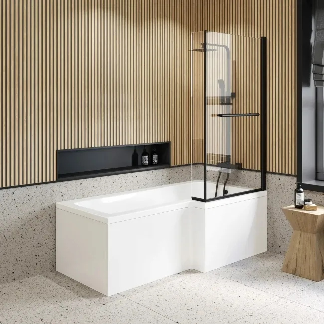 L Shaped 1700 Shower Bath & 6mm Matt Black Easy Clean Screen with Rail - Right Handed