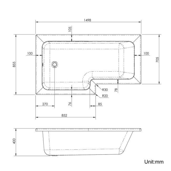 L Shaped 1500 Bath with Front Panel - Left Handed